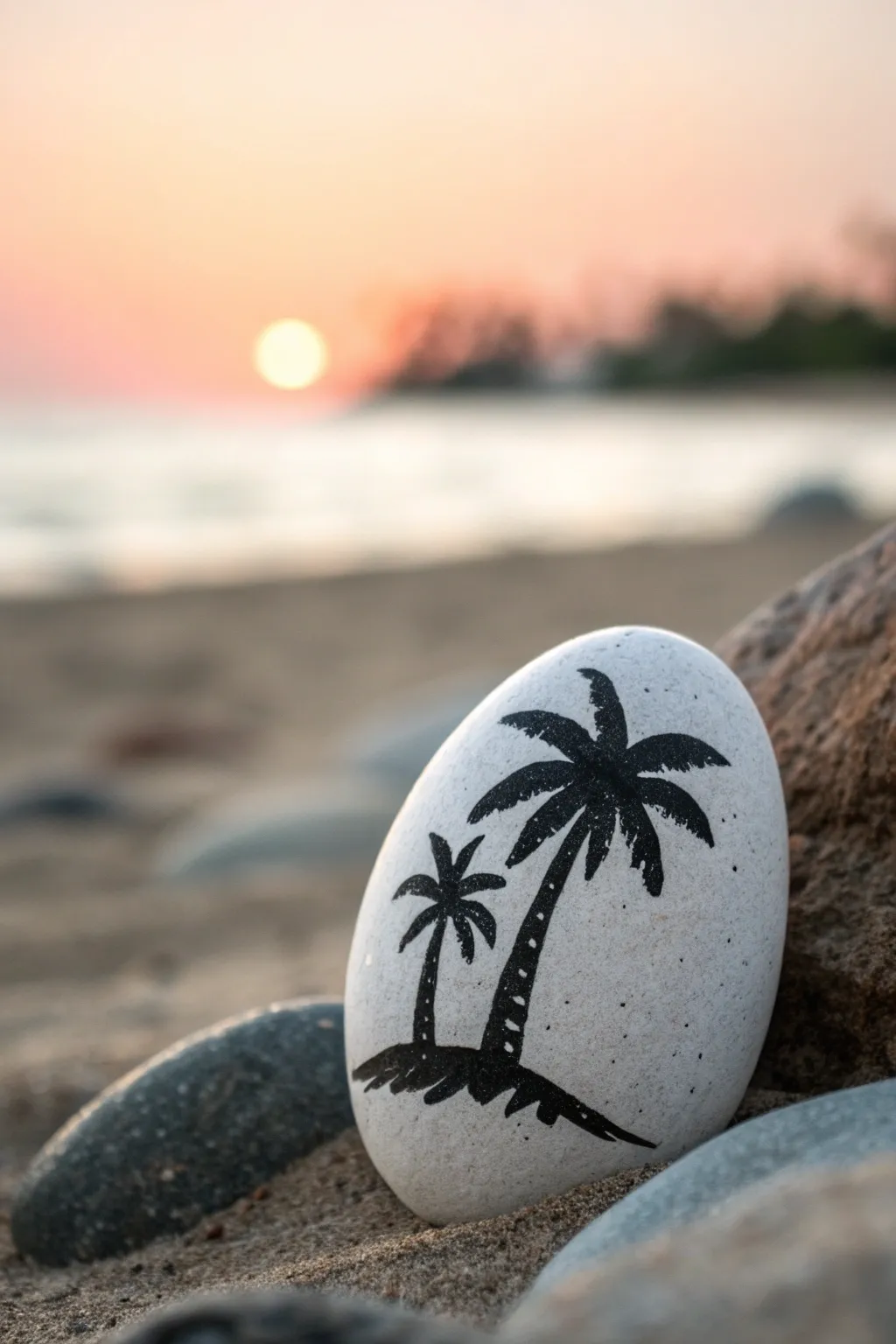 Minimal palm tree silhouette on a beach rock with a dreamy sunset backdrop and crisp contrast