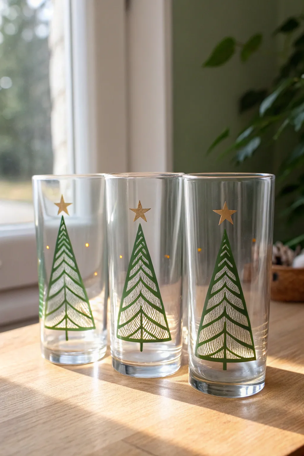 Mini Christmas tree trio on glass, clean triangle shapes with tiny gold stars and soft greenery.