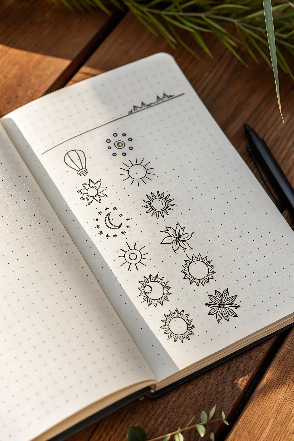 Quick minimalist sun and sunset line doodles in a tidy row, perfect as easy planner icons