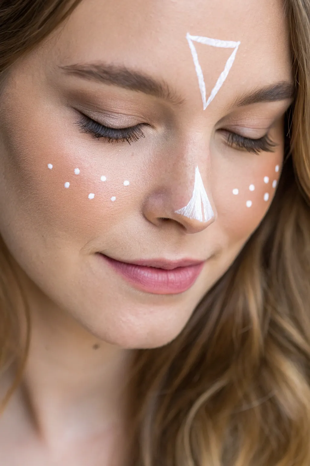 Sweet bunny nose and tiny front teeth face paint, minimal and polished with clean white highlights.