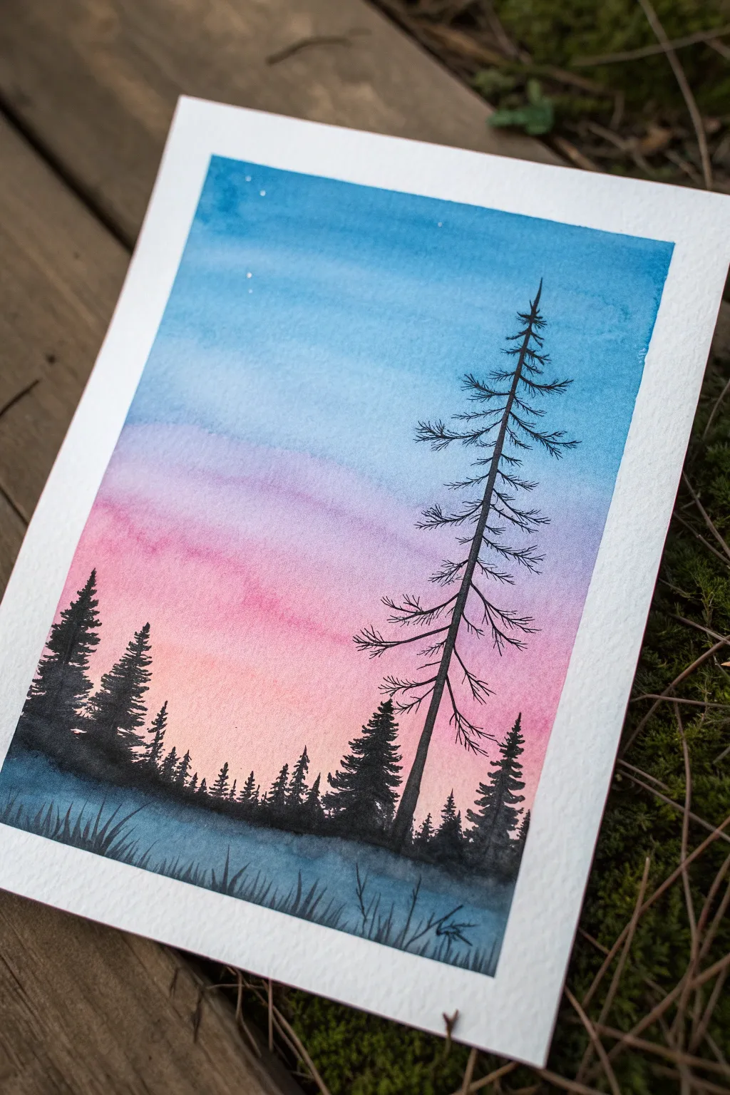 Minimal dusk gradient with bold black pine silhouettes, a simple high-contrast painting idea