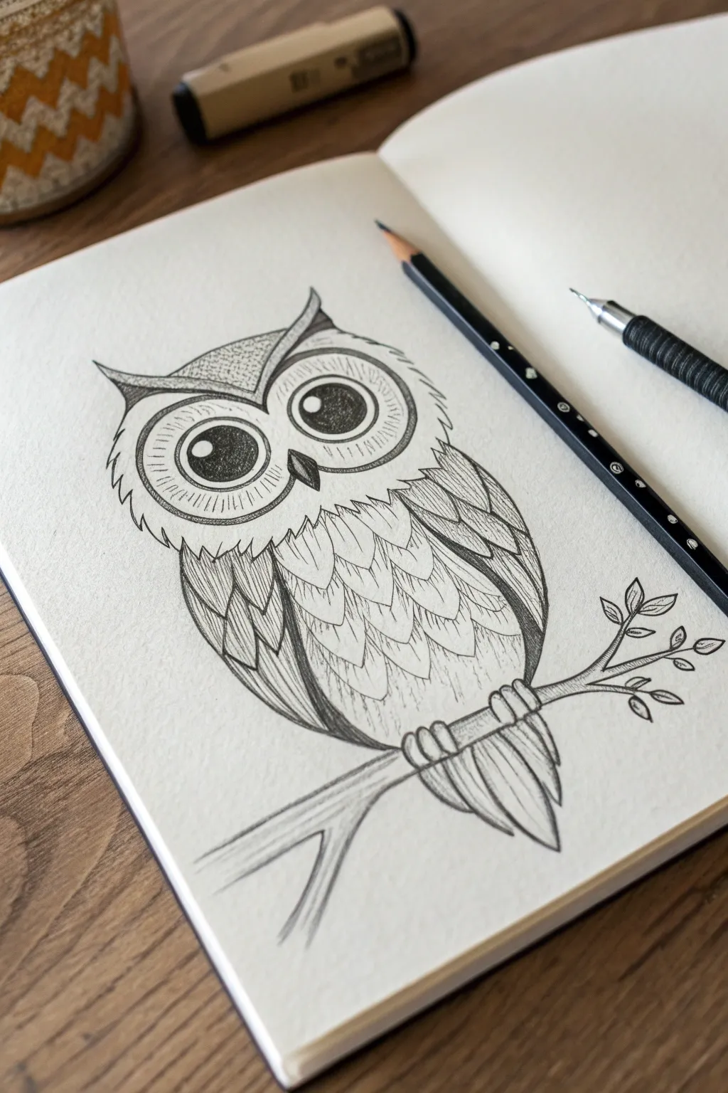 Centered front-view owl sketch with bold symmetry and soft shading for effortless contrast.