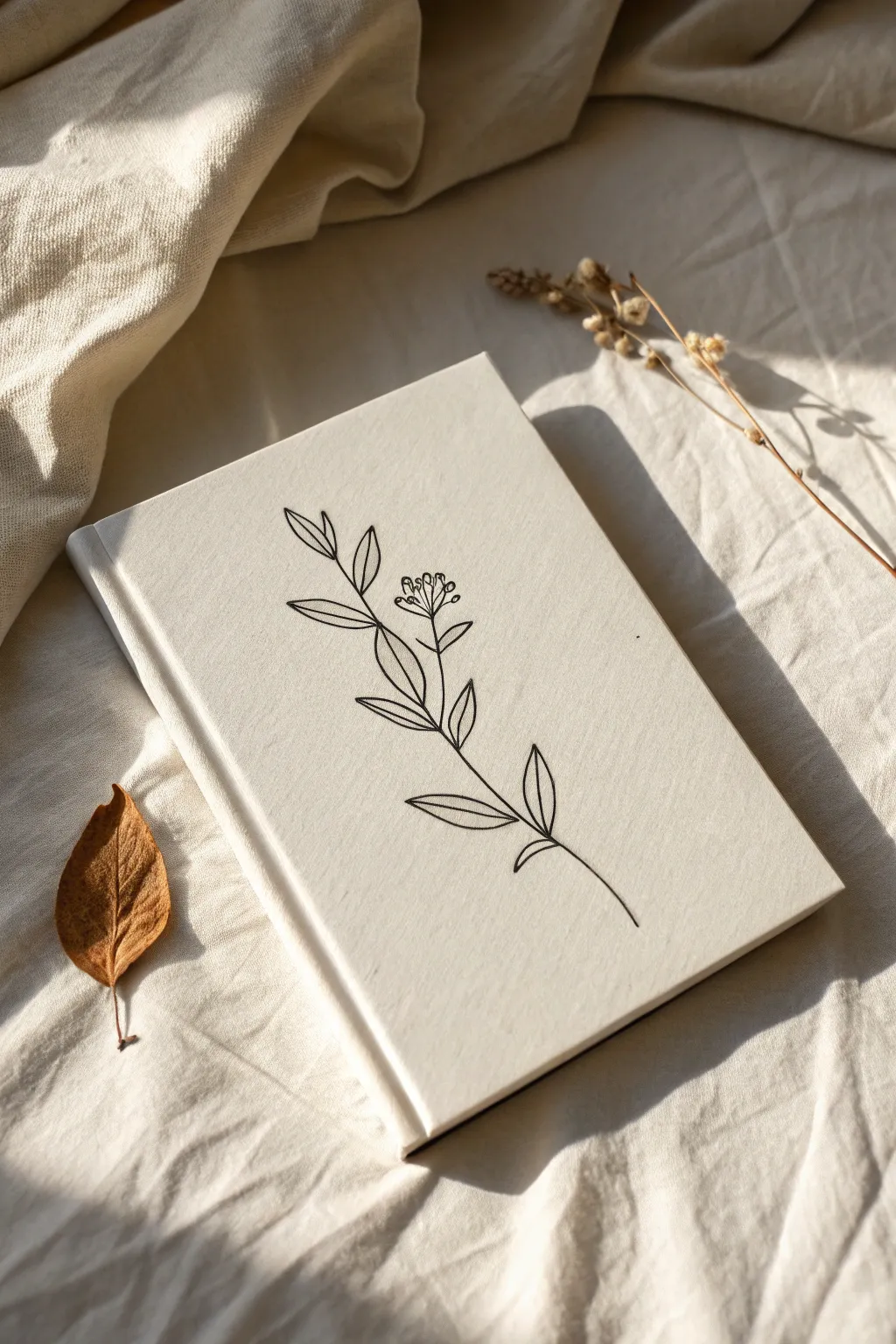 Botanical line sketchbook cover with airy negative space and a soft dried leaf accent