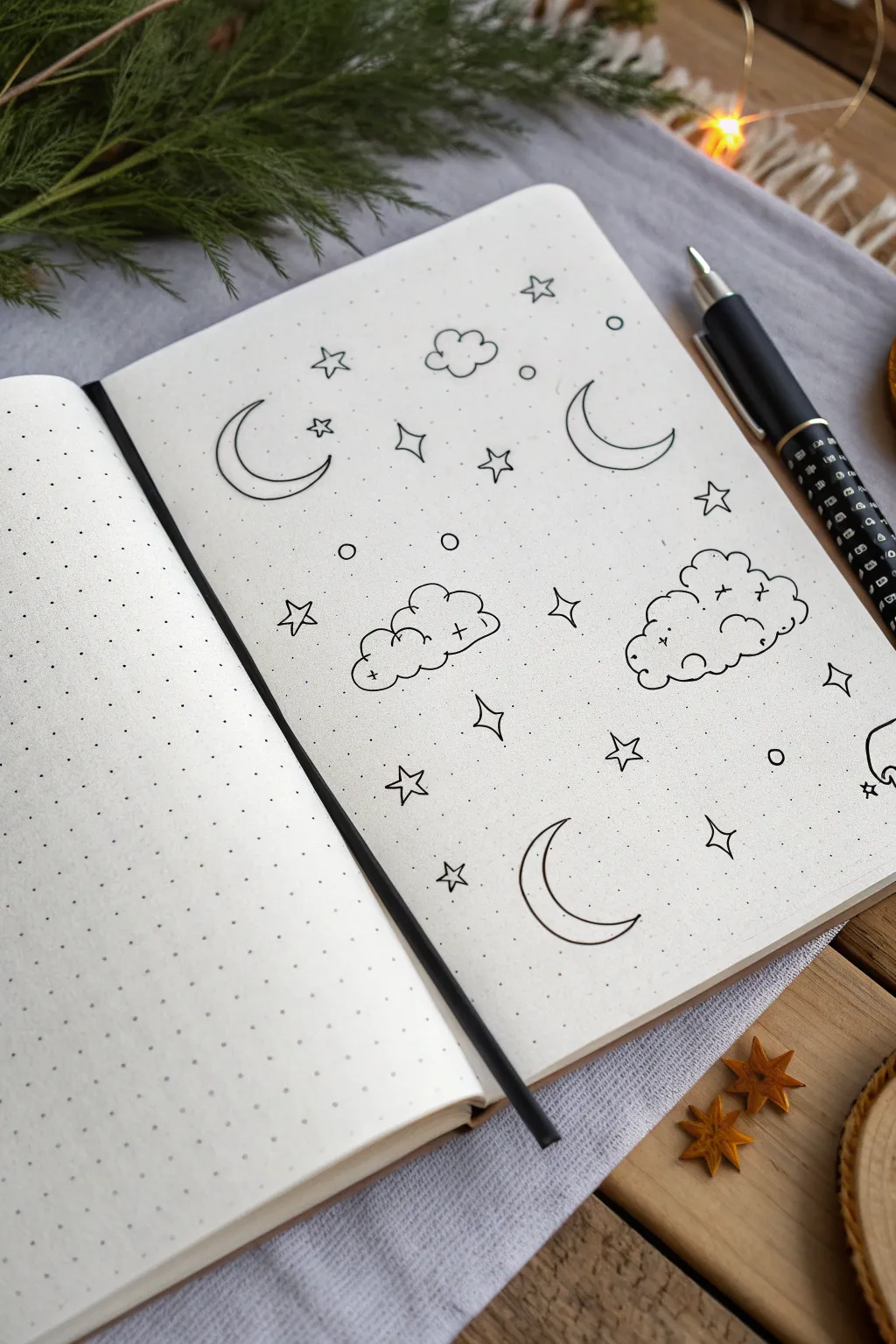Moon and stars line art: an easy, minimalist sketchbook page with clean celestial doodles