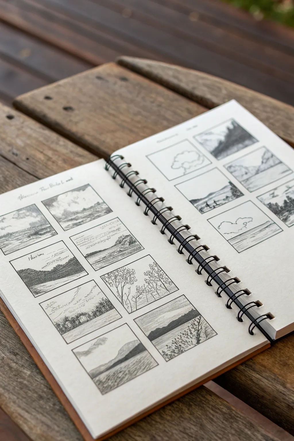 Tiny loose landscape thumbnails in a clean grid, inspiring quick value studies today.
