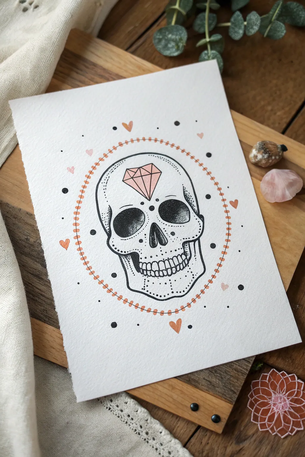 Minimal stitched-mouth skull with tiny hearts and dots, a cute twist on classic skull art