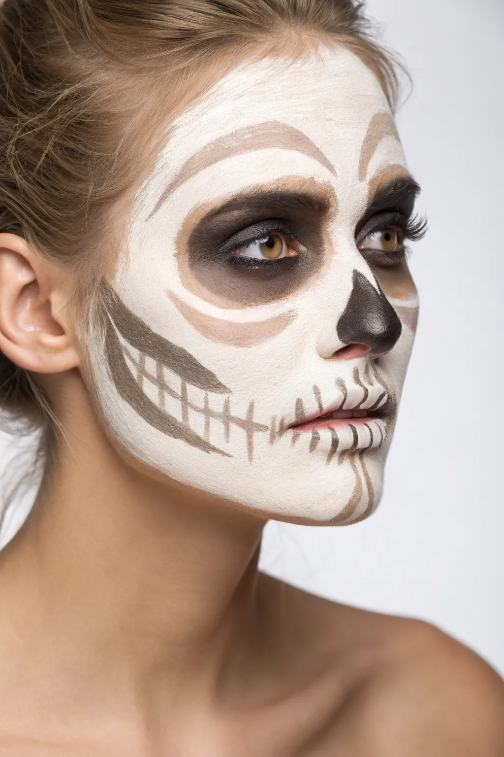 Hollow cheekbones and luminous highlights for a sculpted, minimalist skull face look.