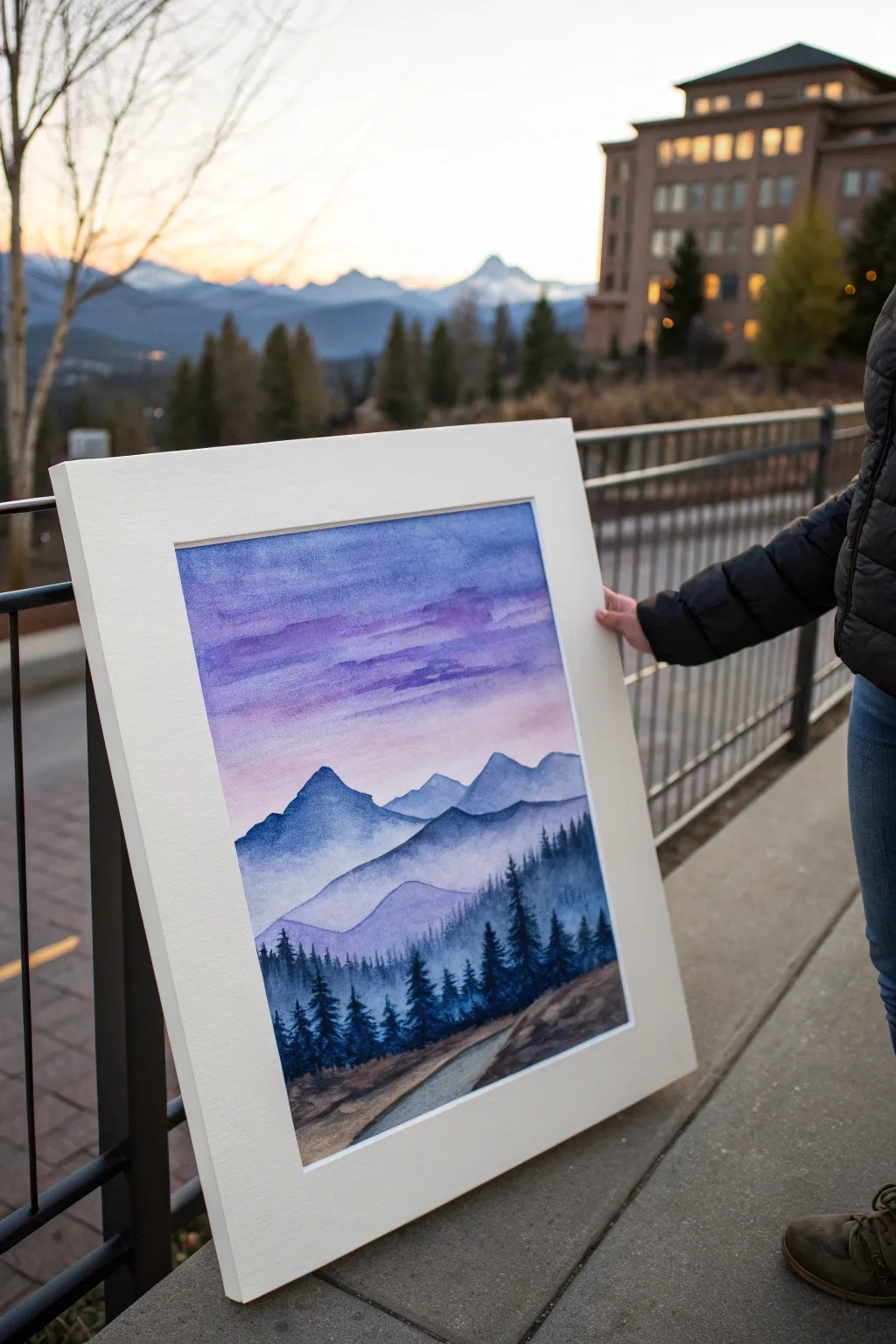 Purple dusk gradient sky above minimalist layered mountain silhouettes, calm Scandinavian mood.