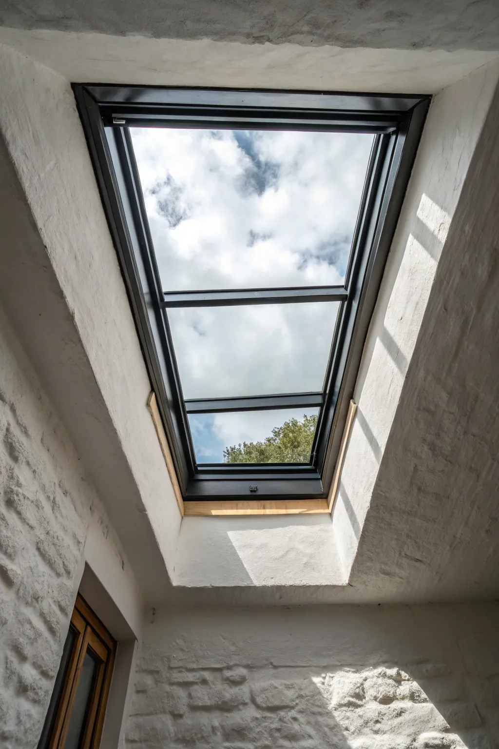 Bold charcoal trim makes this skylight pop against soft neutrals for a calm modern look.