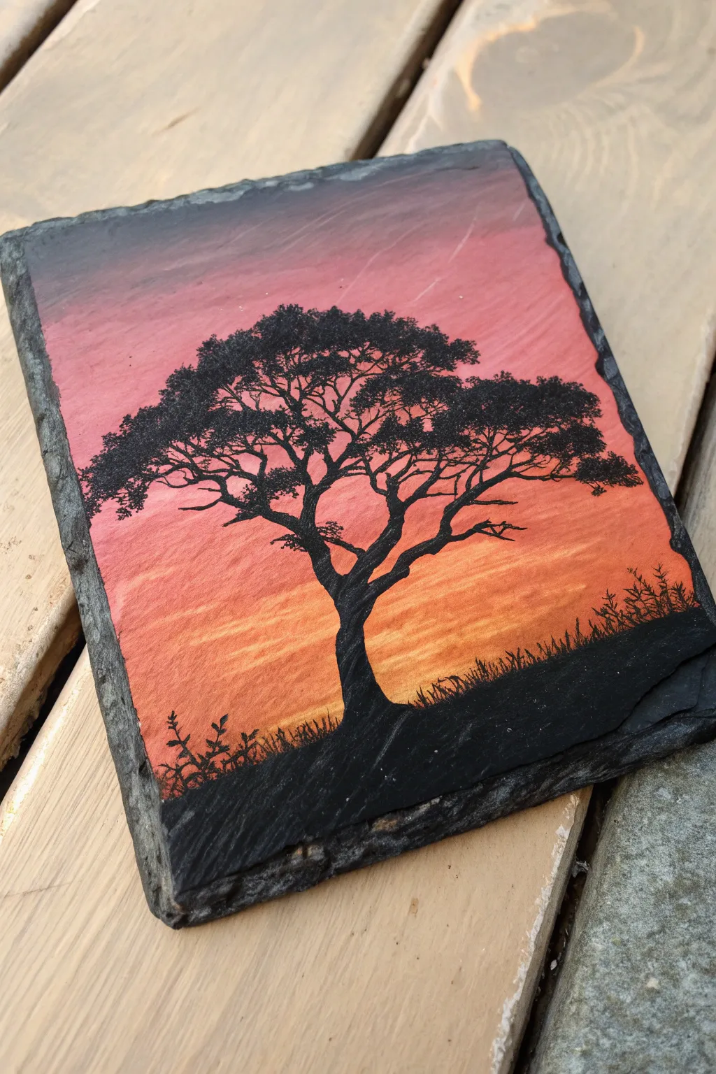 Easy slate art: sunset gradient with a bold black tree silhouette and raw stone edge frame
