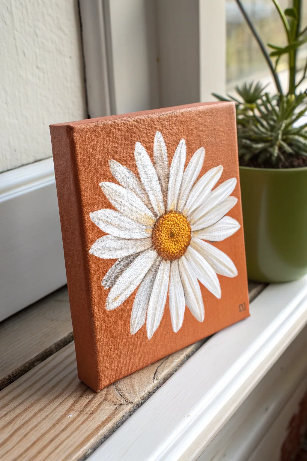 Single daisy acrylic mini painting with crisp white petals on a bold solid background, minimalist.