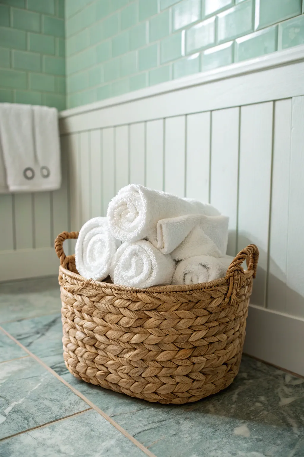 Seafoam walls and crisp white tile feel like a mini spa with one woven basket accent.