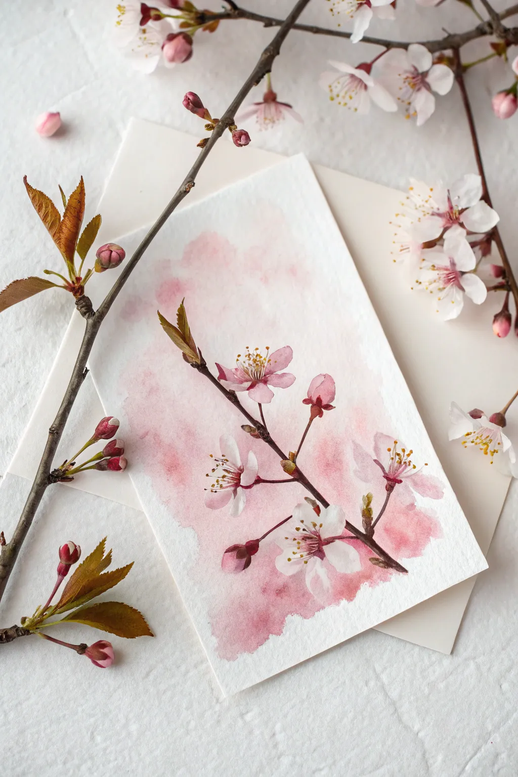 Cherry blossom twig with a light pink wash for an easy, minimalist spring flower study
