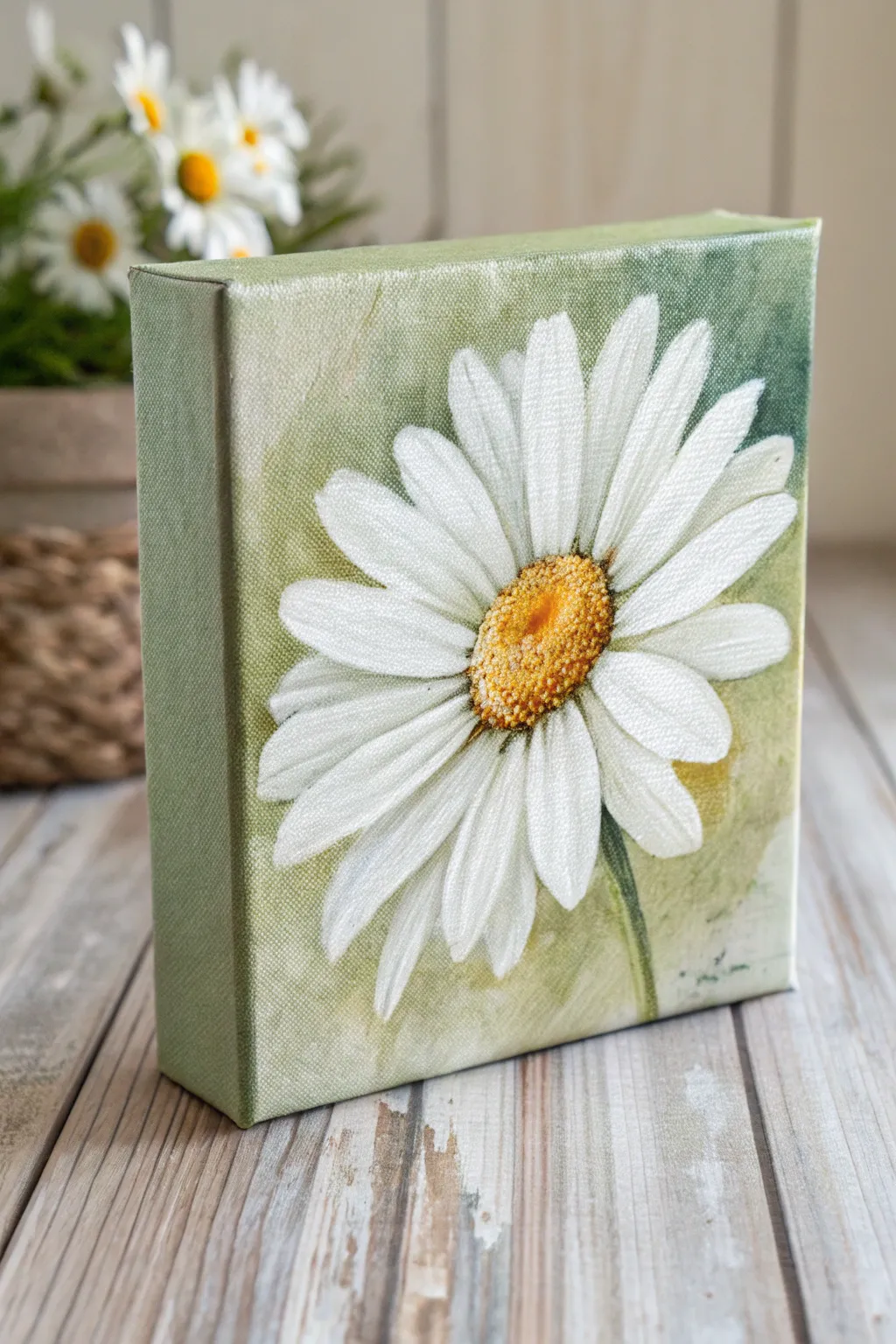 Single bloom close-up: a simple daisy on a mini canvas with calm boho wash and contrast.