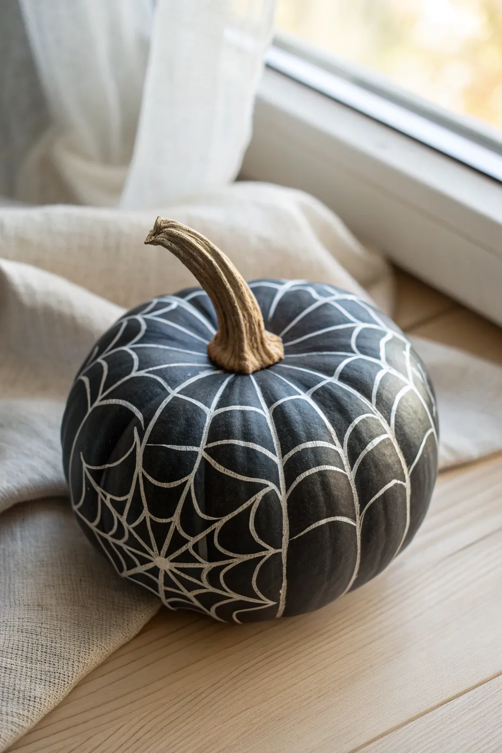 Minimal mini pumpkin with elegant spiderweb wrap for a chic, cozy Halloween accent