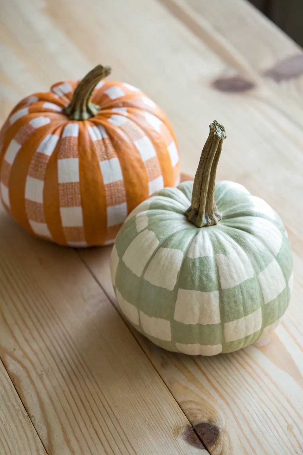 Two mini pumpkins in gingham checks, warm orange and soft sage, in clean Scandinavian light.