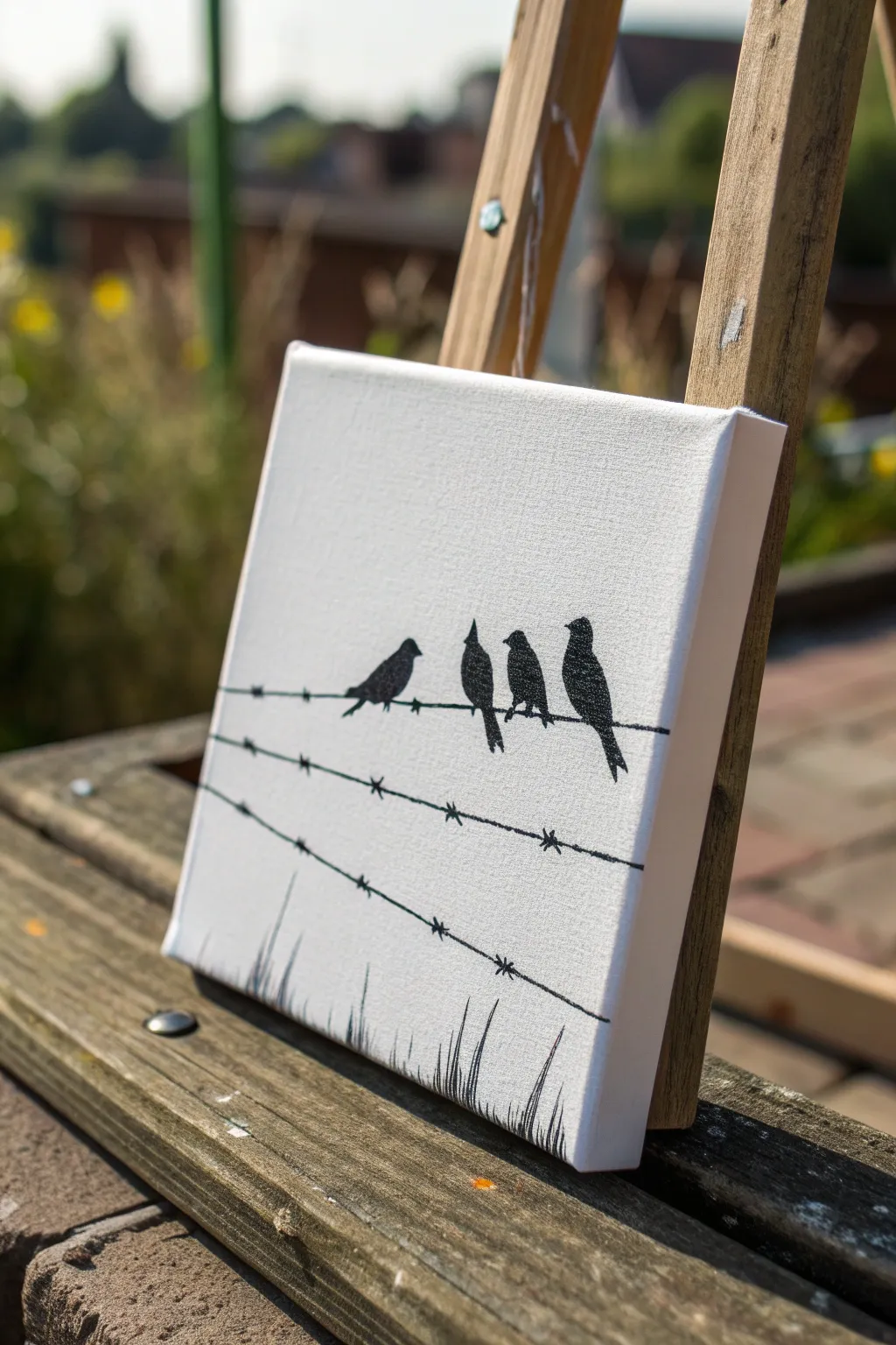 Minimal birds on a wire in a soft gradient sky, perfect small square canvas painting idea.