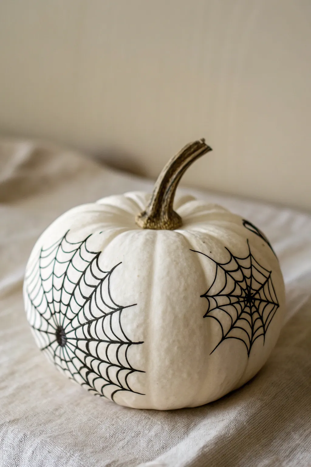 Minimalist white pumpkin with fine black spiderweb corner, clean Scandinavian boho contrast.