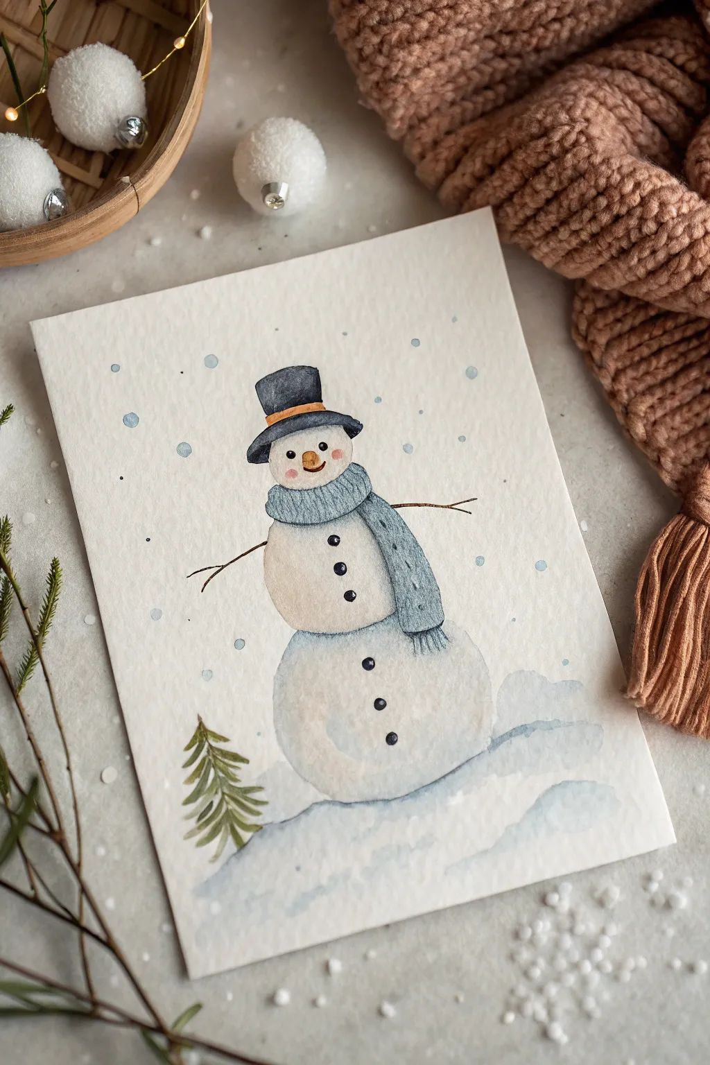 Minimal snowman drawing with cozy scarf and hat, perfect for simple winter sketching.
