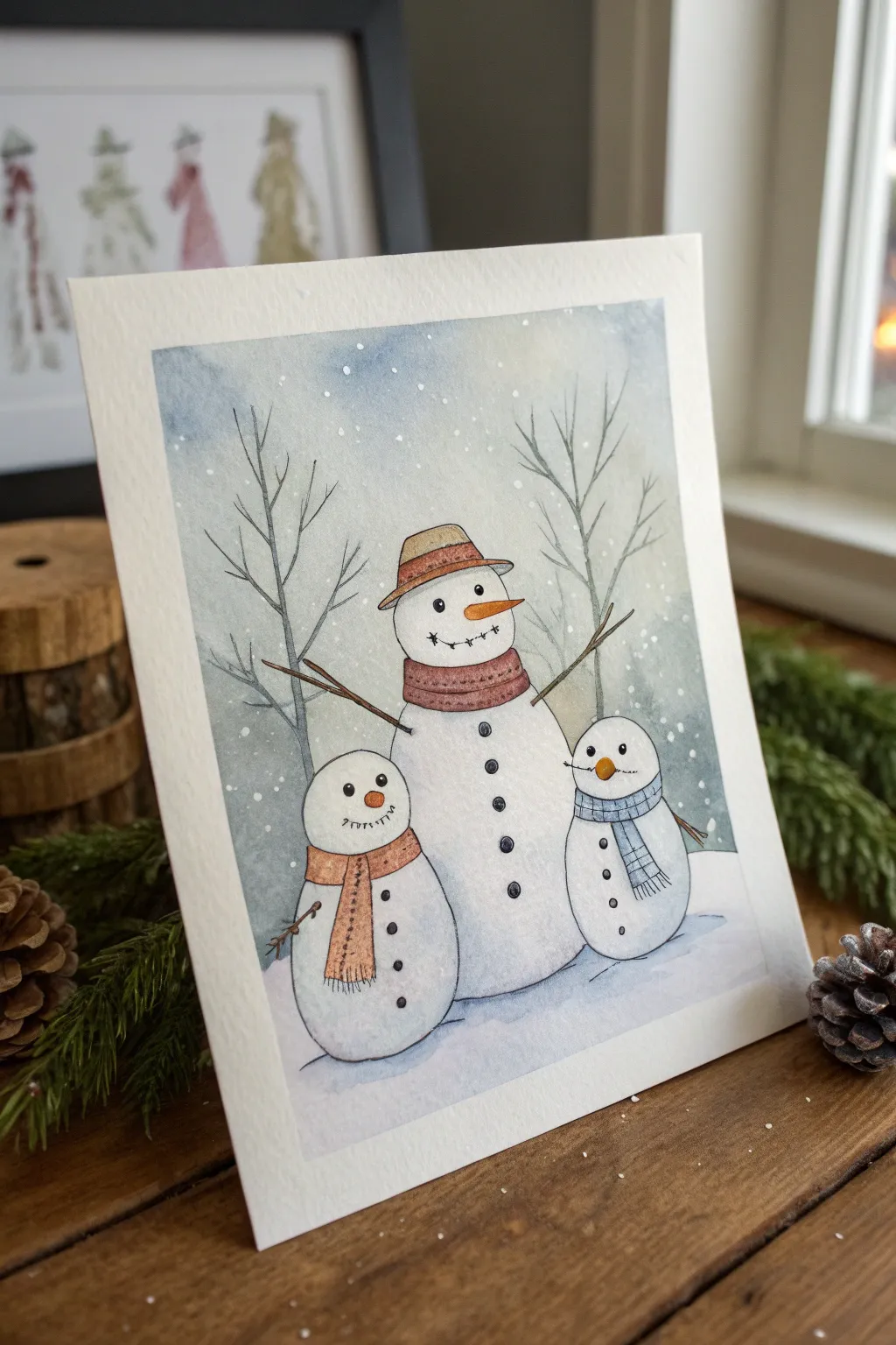 A sweet snowman family trio with cozy scarves, painted in clean minimalist winter charm