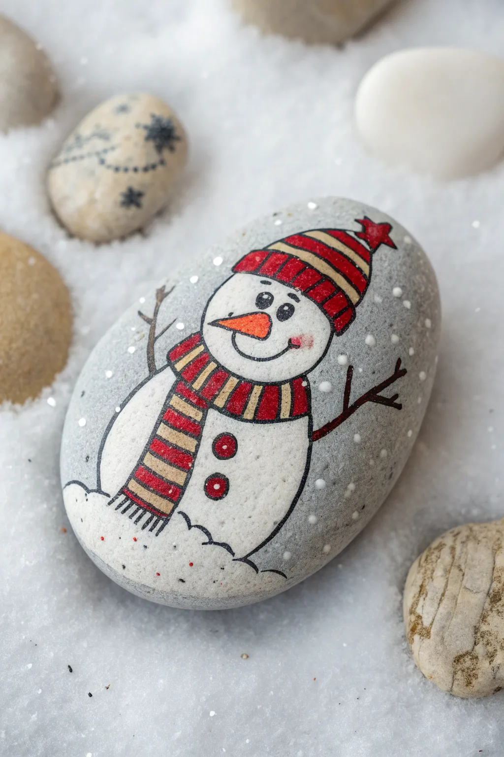 Cozy beanie snowman rock with bold stripes and a flowing scarf, perfect for winter painting.