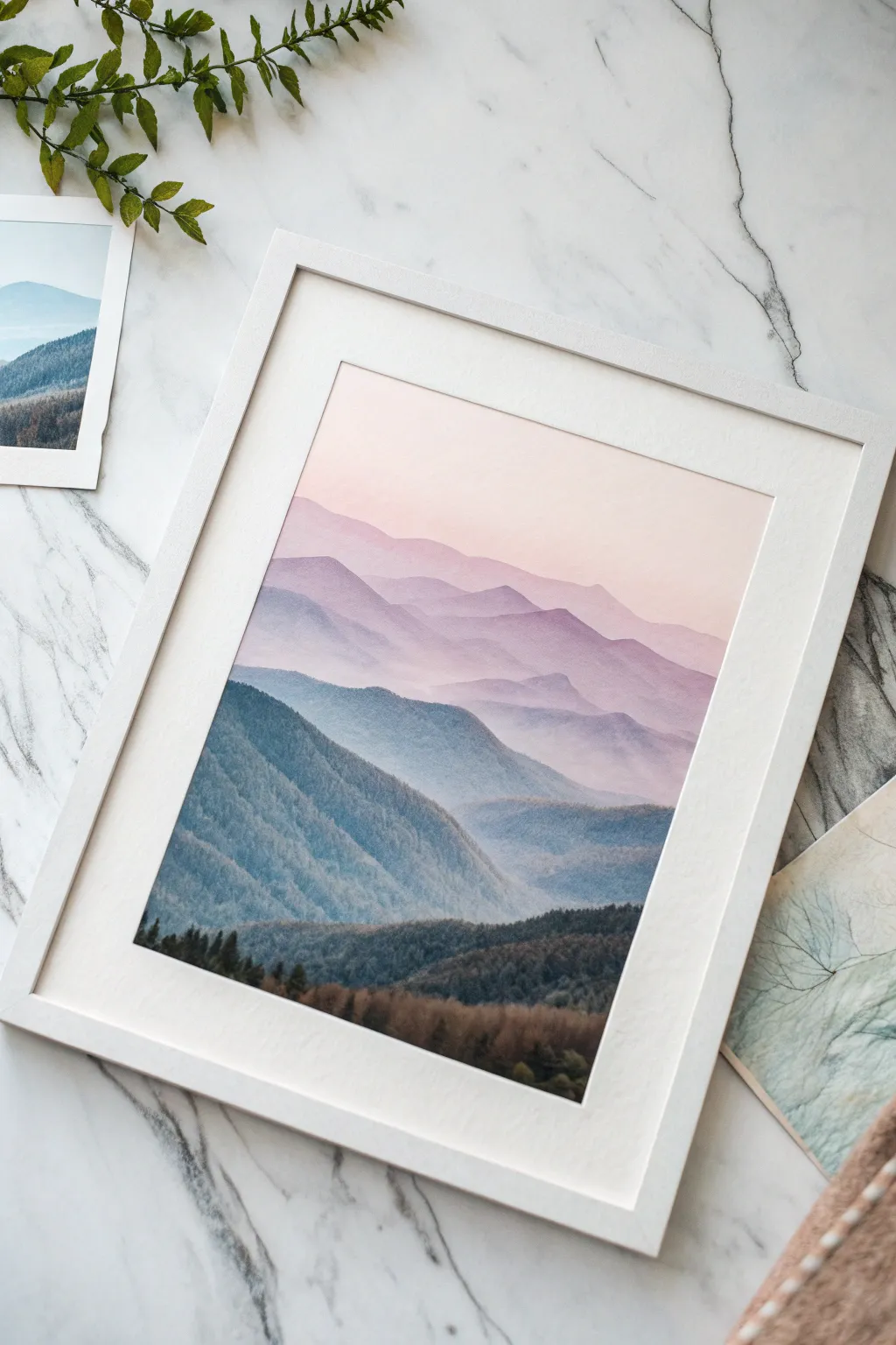 Soft pastel mountains with misty layers, airy atmospheric perspective in a minimalist palette.