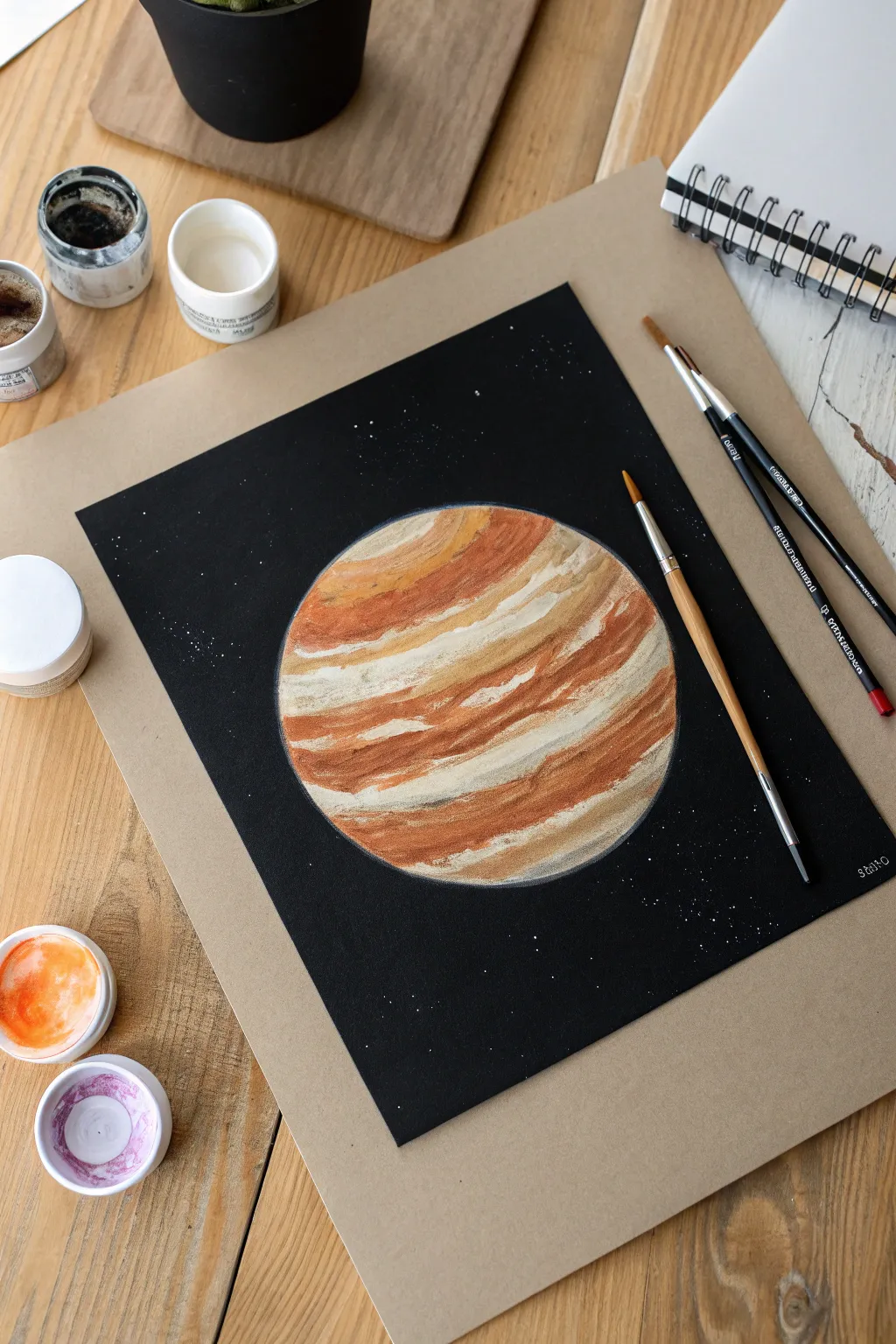 Sponge-dabbed Jupiter texture study on black paper, simple and cozy for your solar system art.