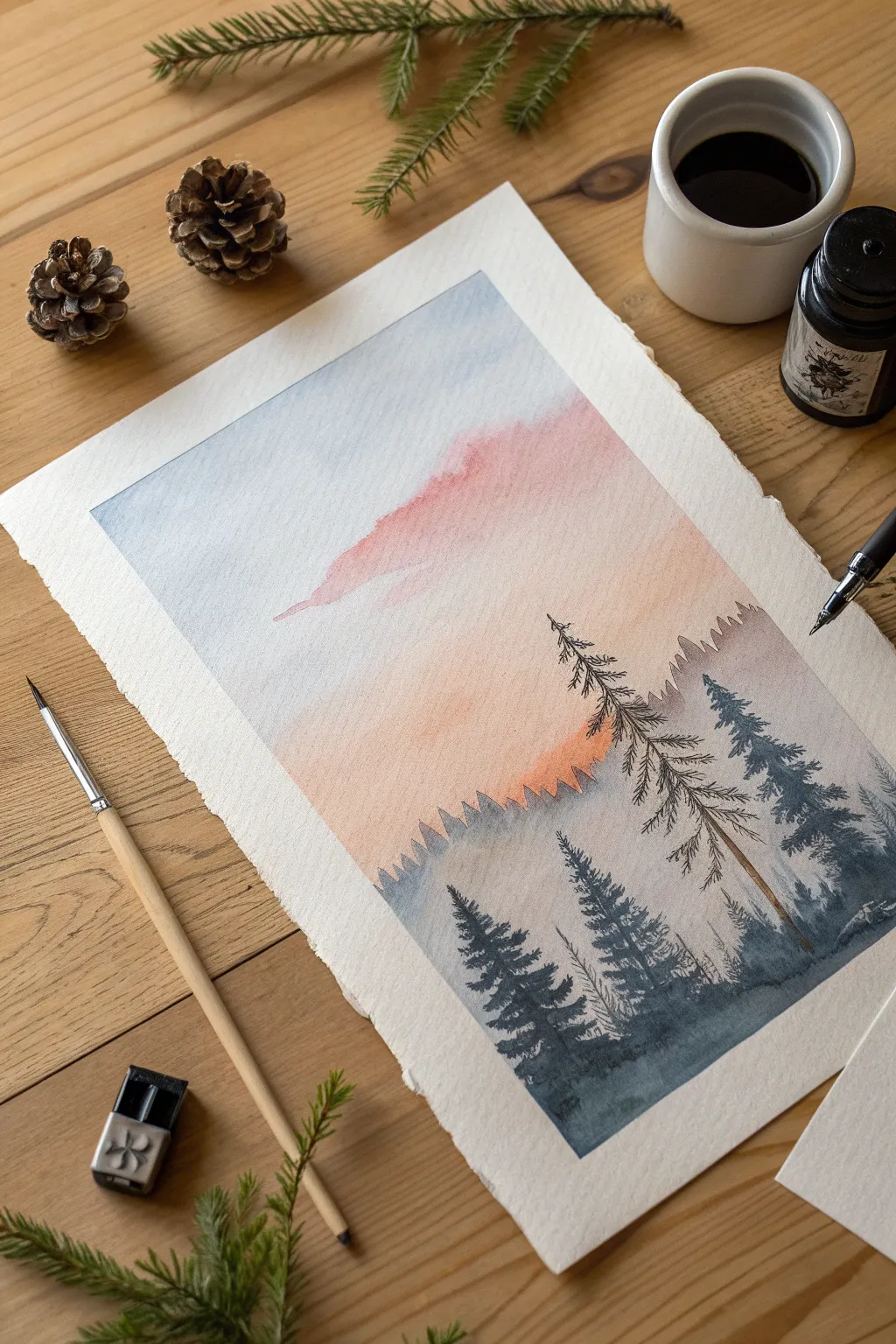 Watercolor puddle mini landscape: add tiny ink trees and a cabin, plus a color swatch corner.