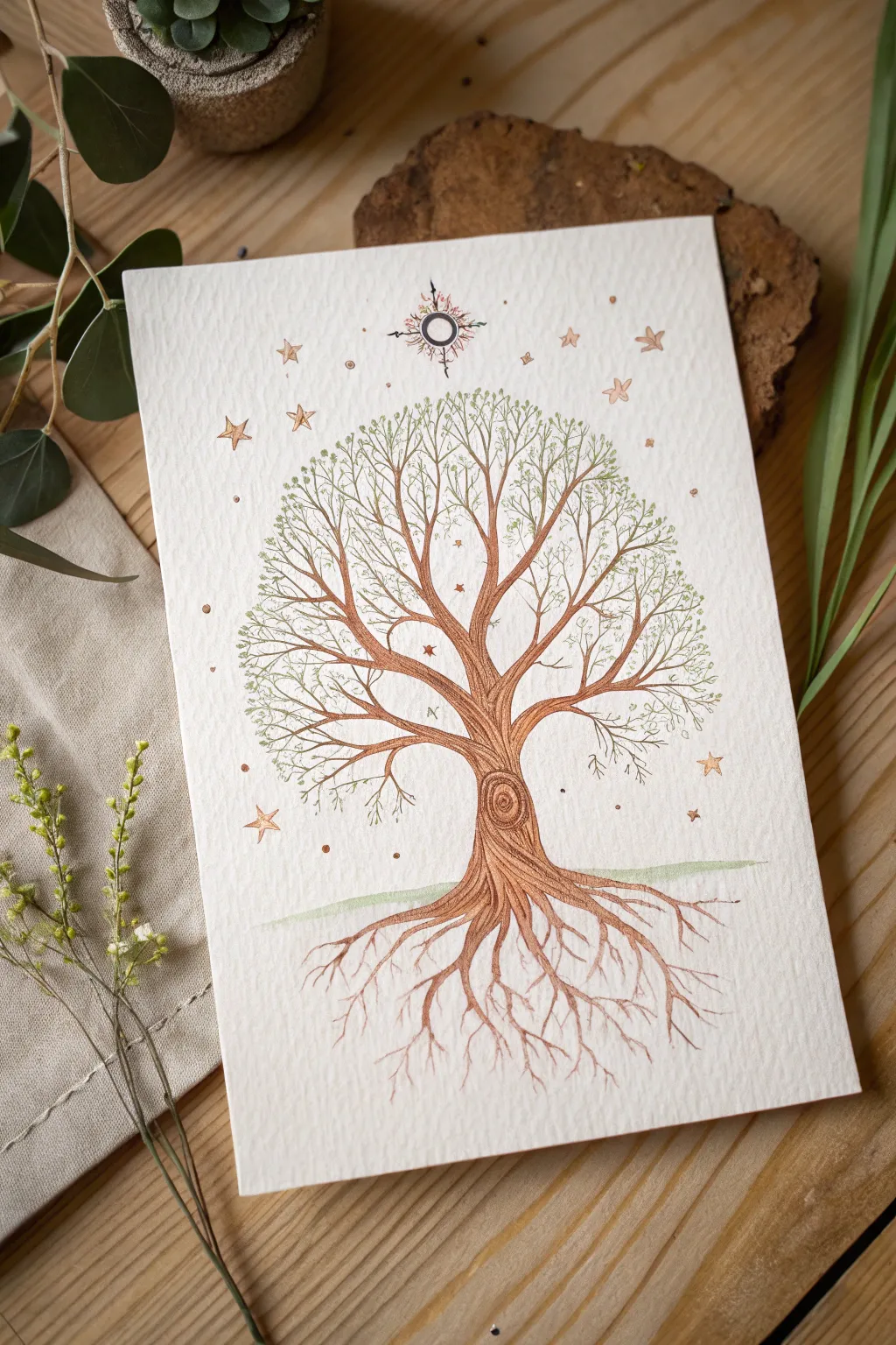 Tree of Life painting with intricate roots and airy branches, minimalist boho contrast