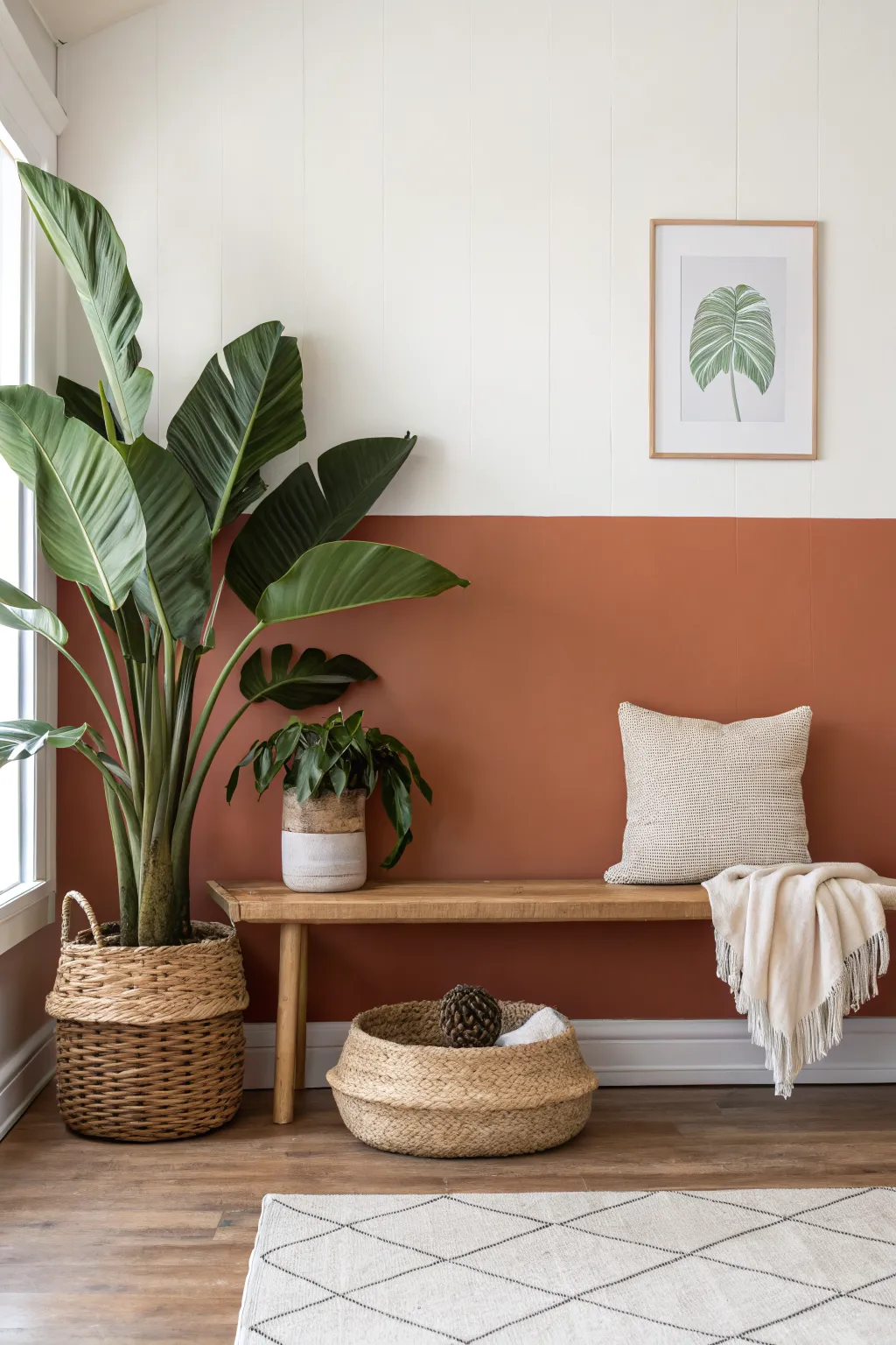 Low split wall paint in warm clay tones grounds tall walls and instantly makes the room feel cozy