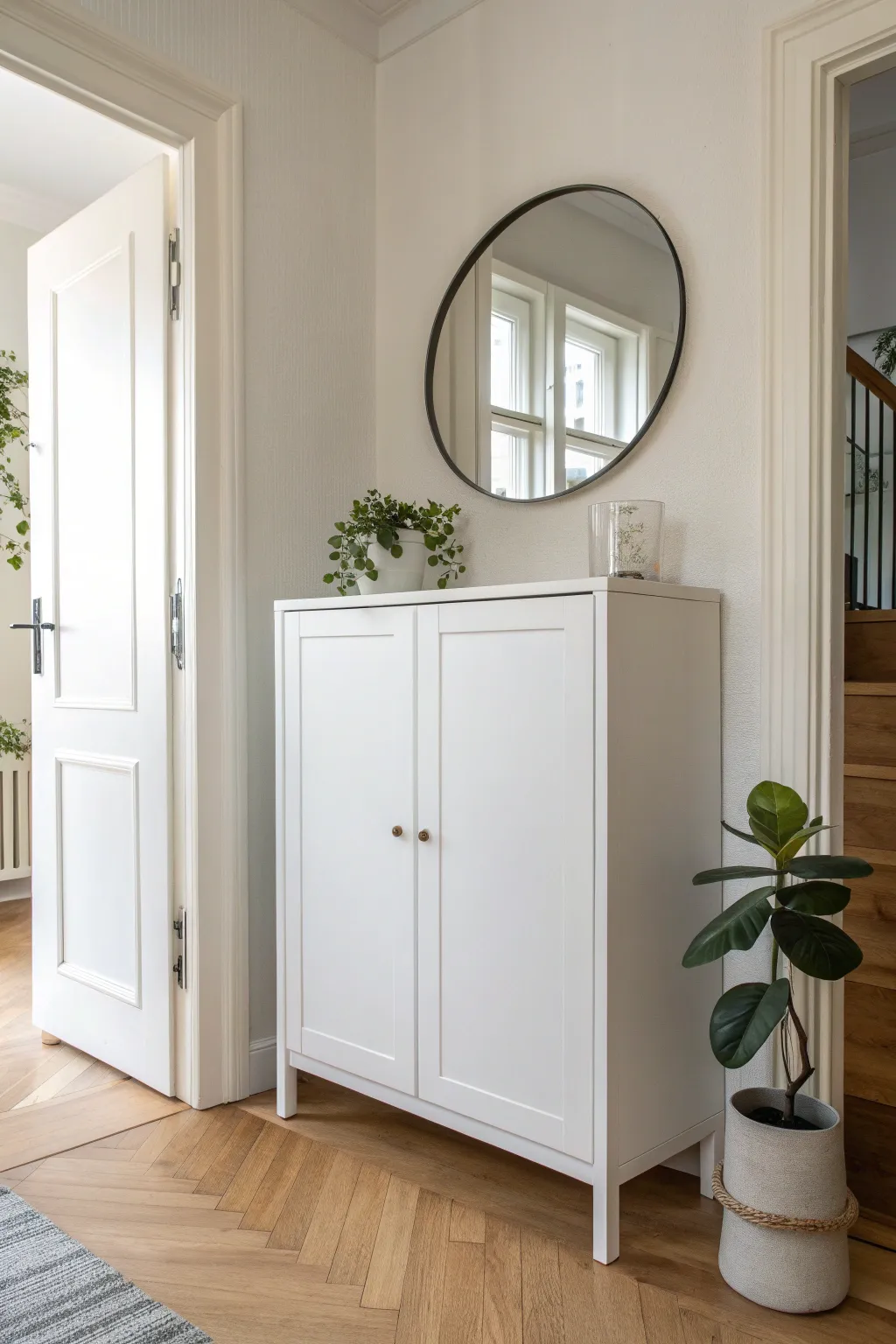 Glossy spray-painted cabinet refresh with sleek shine and soft window reflections