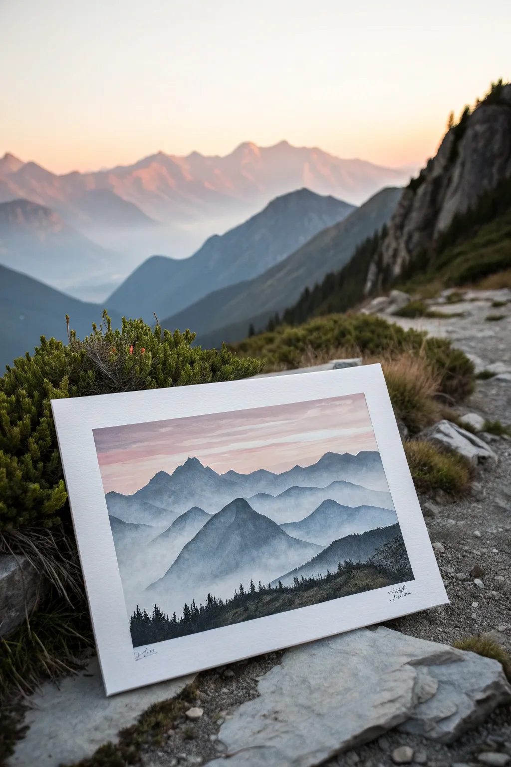 Layered spray paint mountain silhouettes with crisp masked edges and a soft hazy sky.