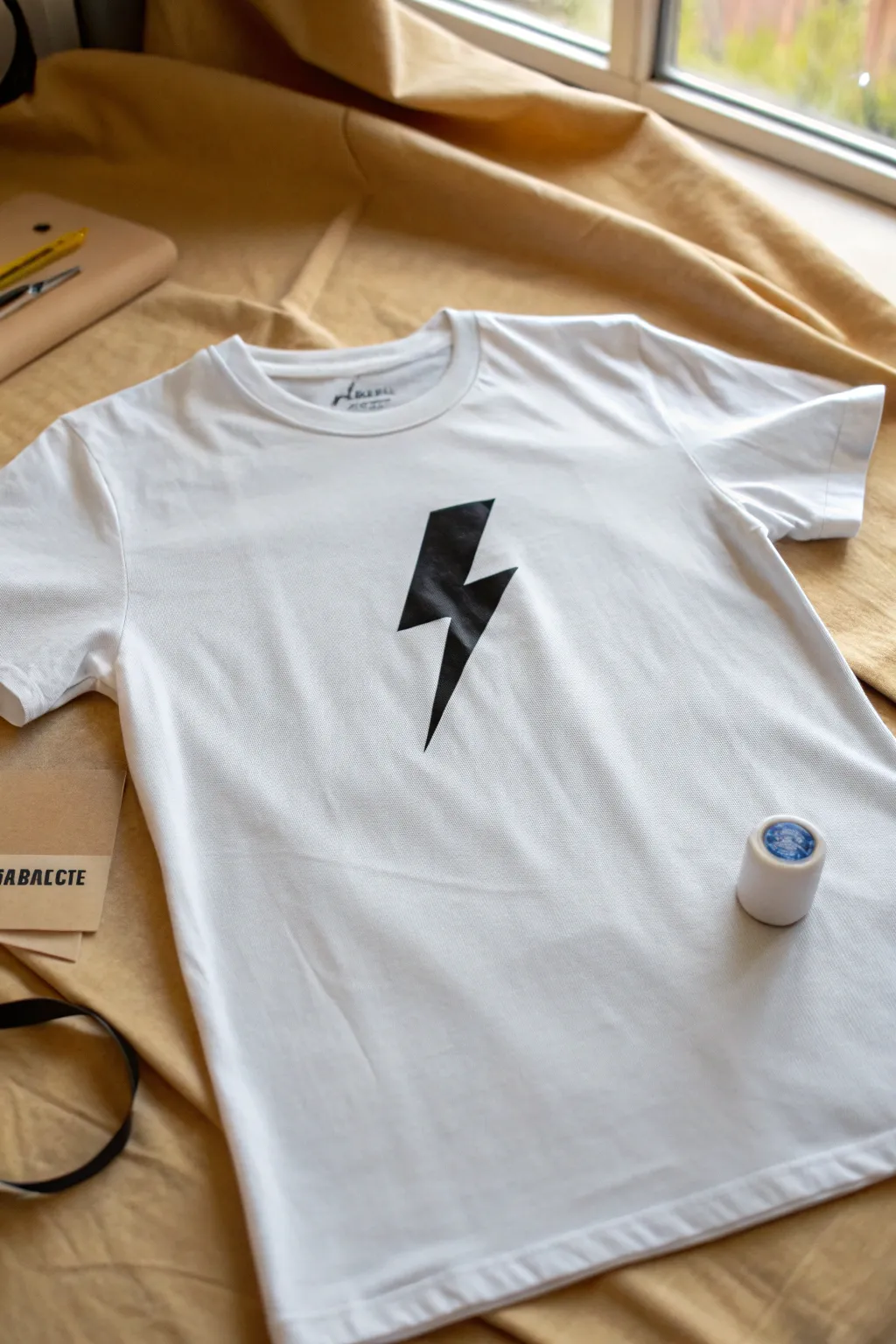 Clean one-color stencil tee with crisp edges, minimal boho styling and a hint of masking paper.