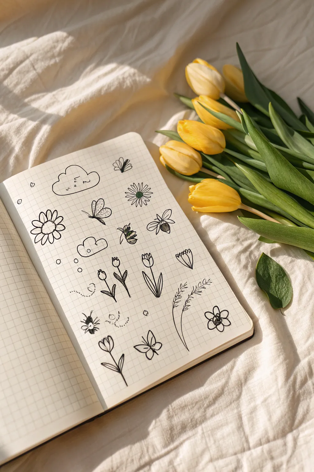 Minimal spring doodle icon sheet in a clean grid, perfect for easy sketchbook practice