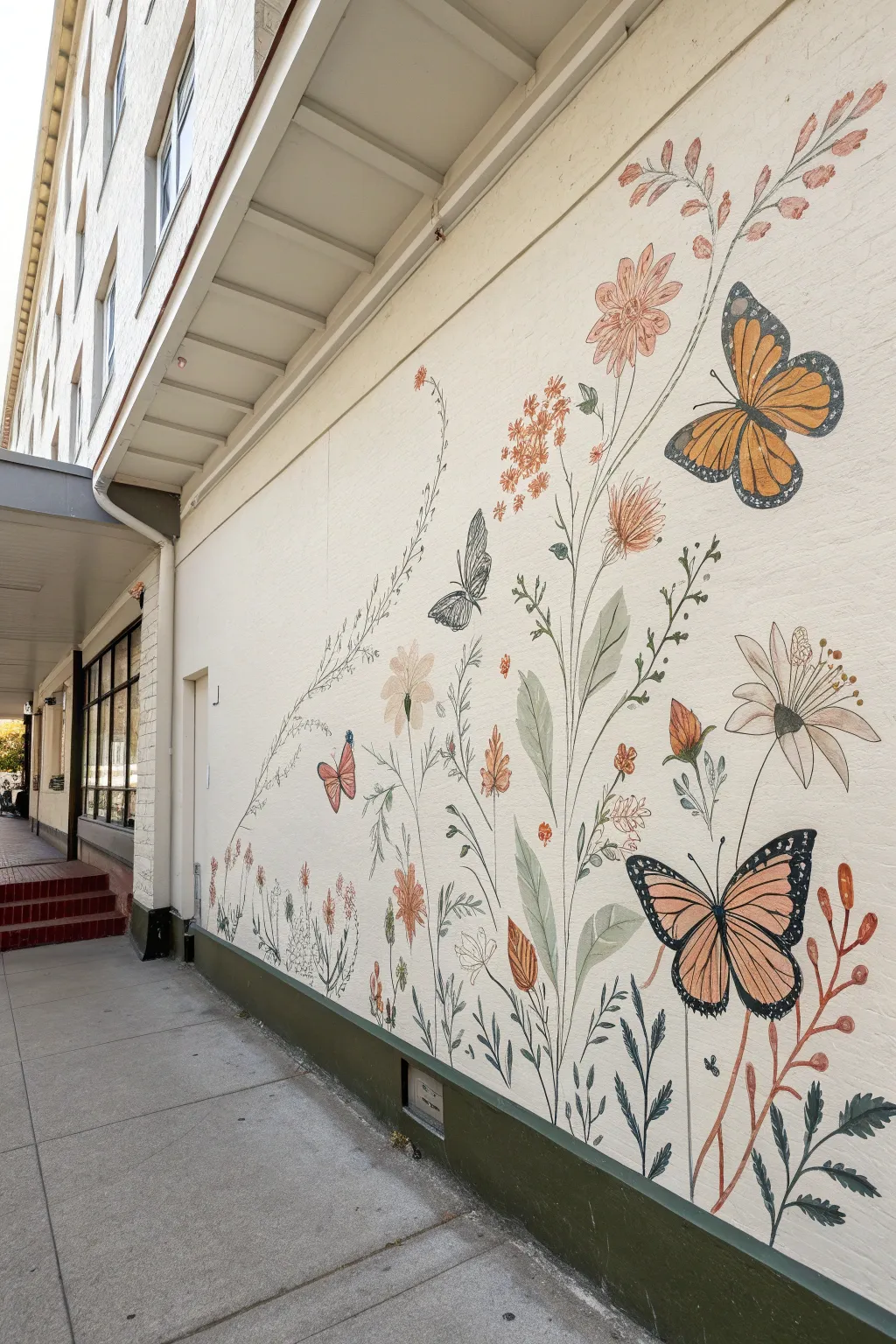 Butterfly Bloom Trail mural: a clean diagonal flow of butterflies and wildflowers for spring