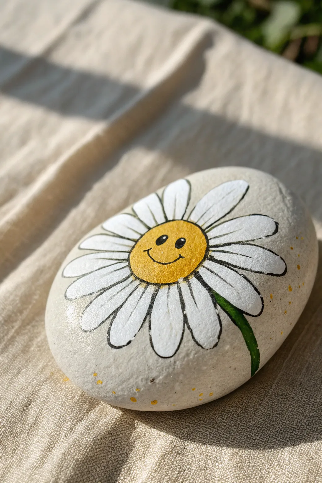 Cheerful daisy smiley rock on soft picnic linen, minimalist spring craft inspiration