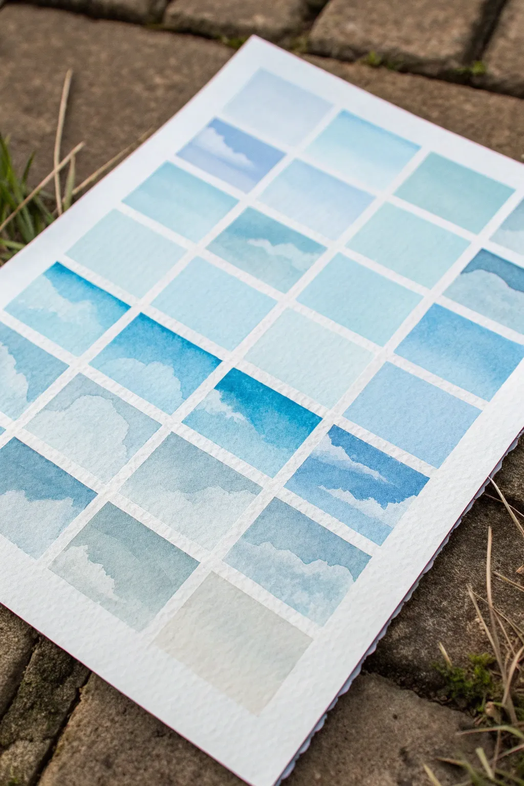 Practice soft blue spring sky gradients with gentle clouds and airy watercolor fades.