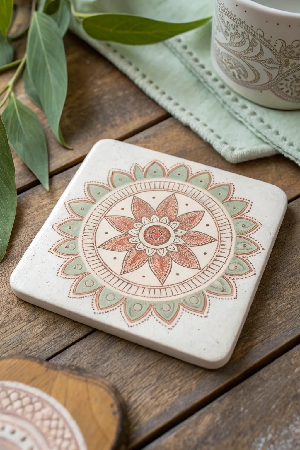 Minimal square coaster with a centered mandala circle, calm corners, soft boho palette.