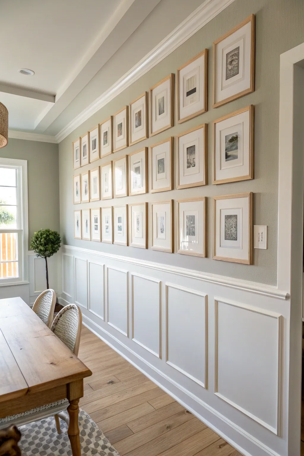 Square picture-frame molding in a tight grid for a crisp, tailored dining wall with Nordic calm.