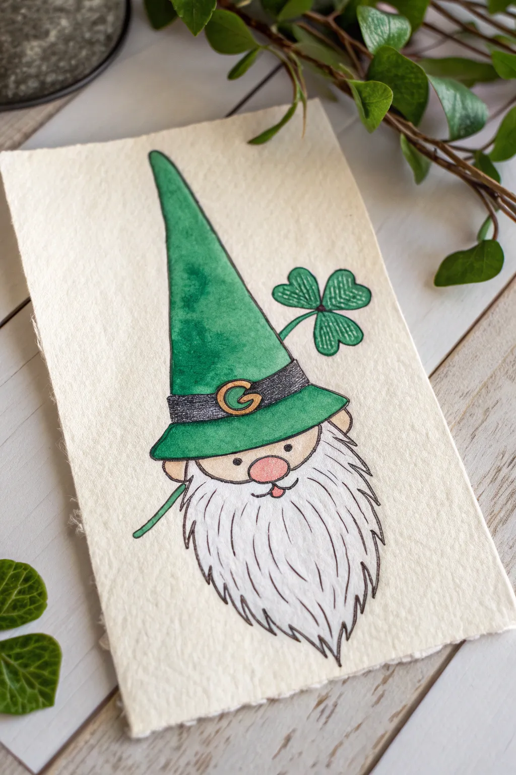 Simple St Patricks Day gnome drawing with a clover patch hat in cozy minimalist style.