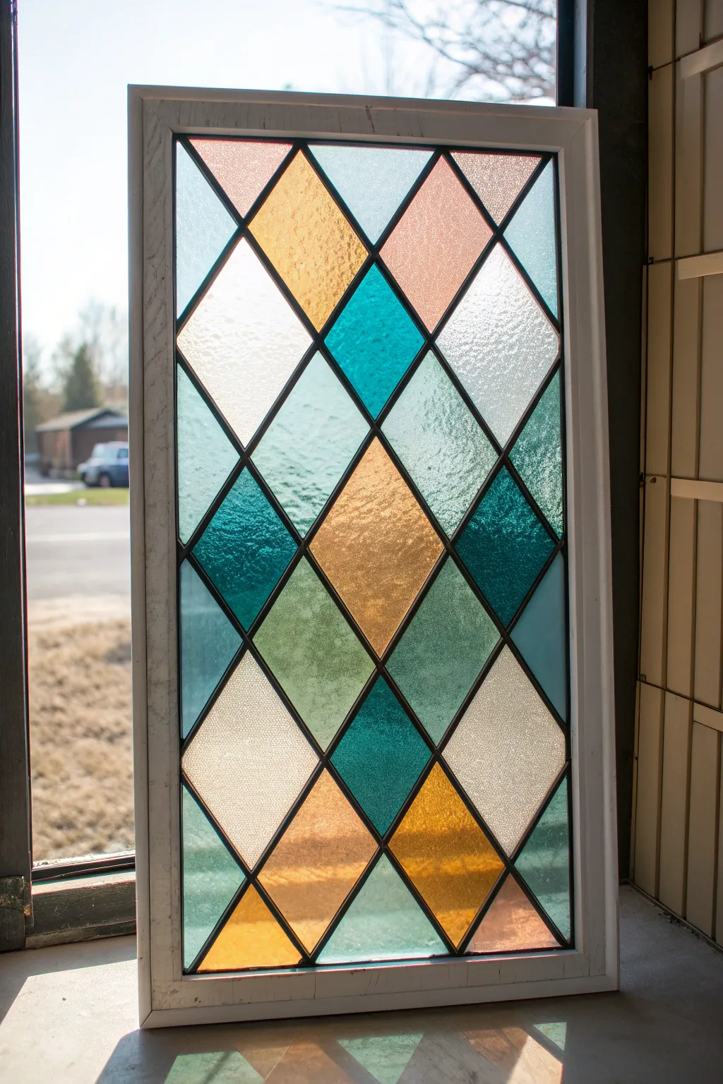 Geometric diamond grid stained glass in warm and cool tones with crisp black lines, bright daylight.