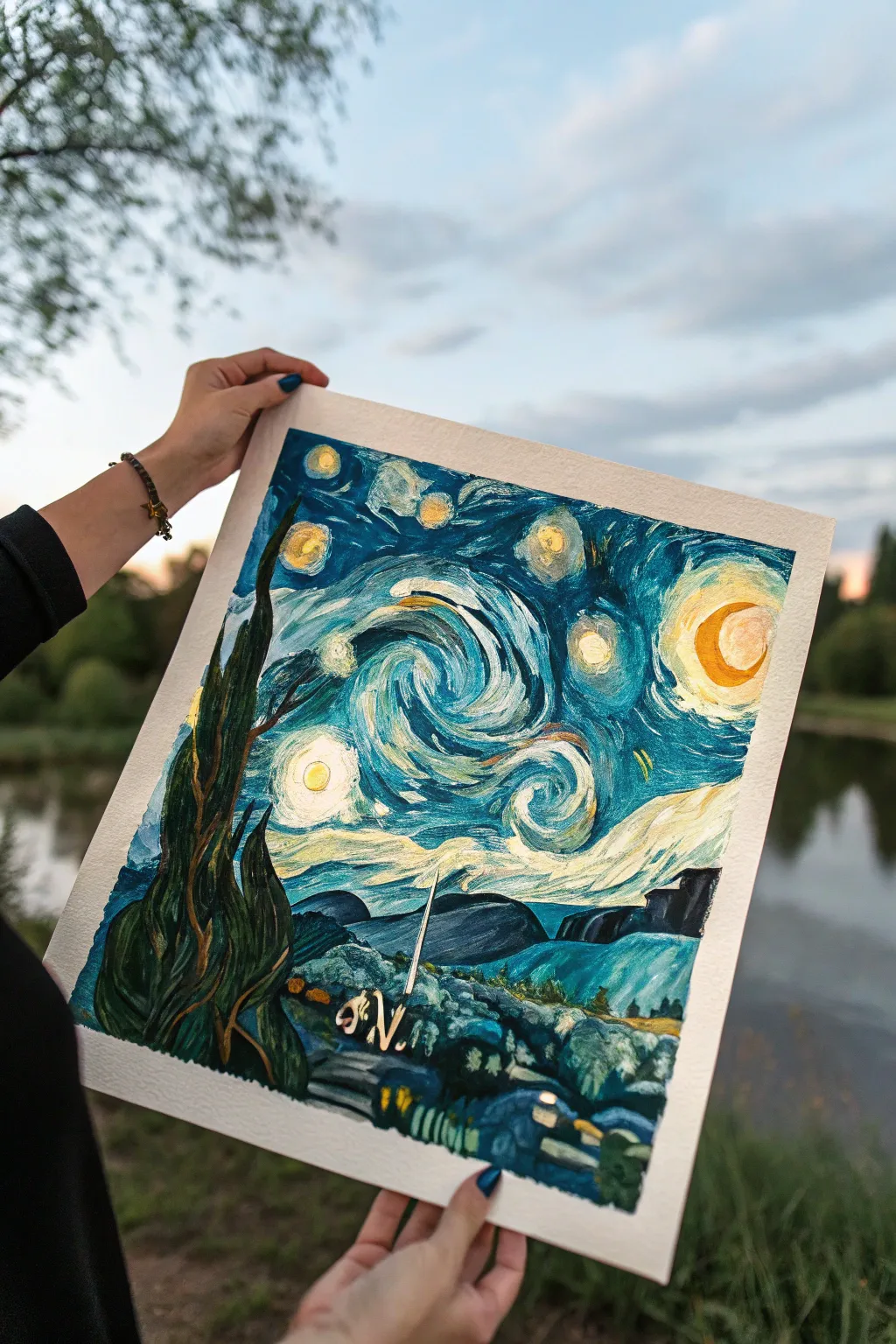 Bold cypress silhouette against swirling starry blues, minimalist and dramatic for night-sky sketches.