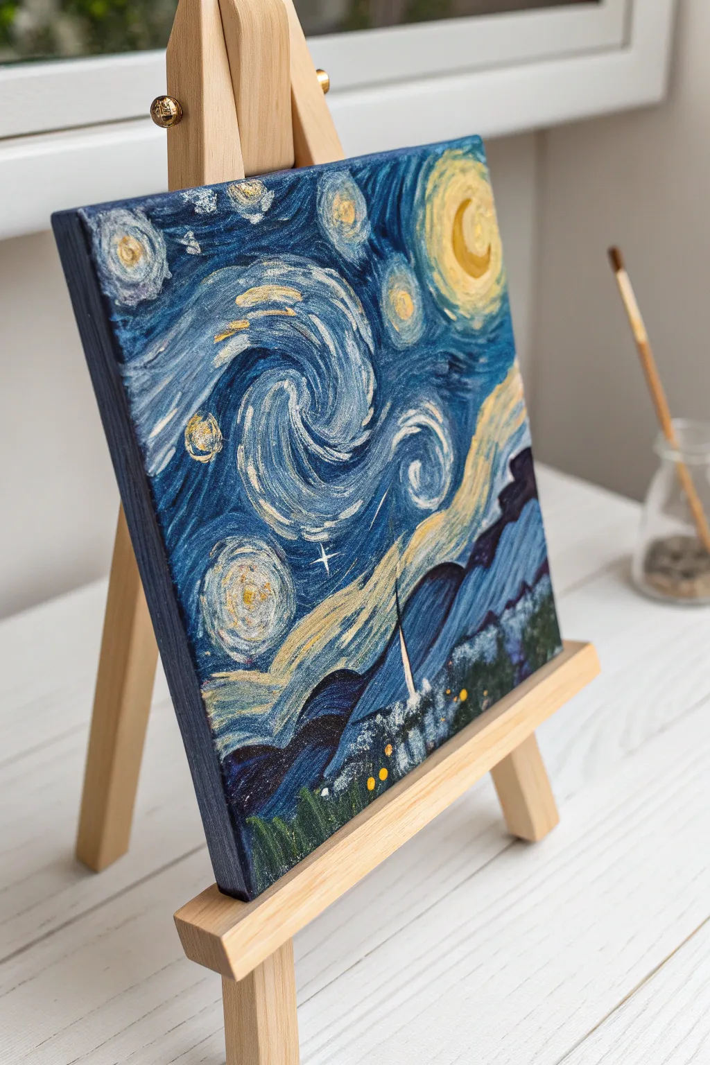 Thick acrylic impasto star swirls in midnight blue and warm yellow, glowing under raking light.
