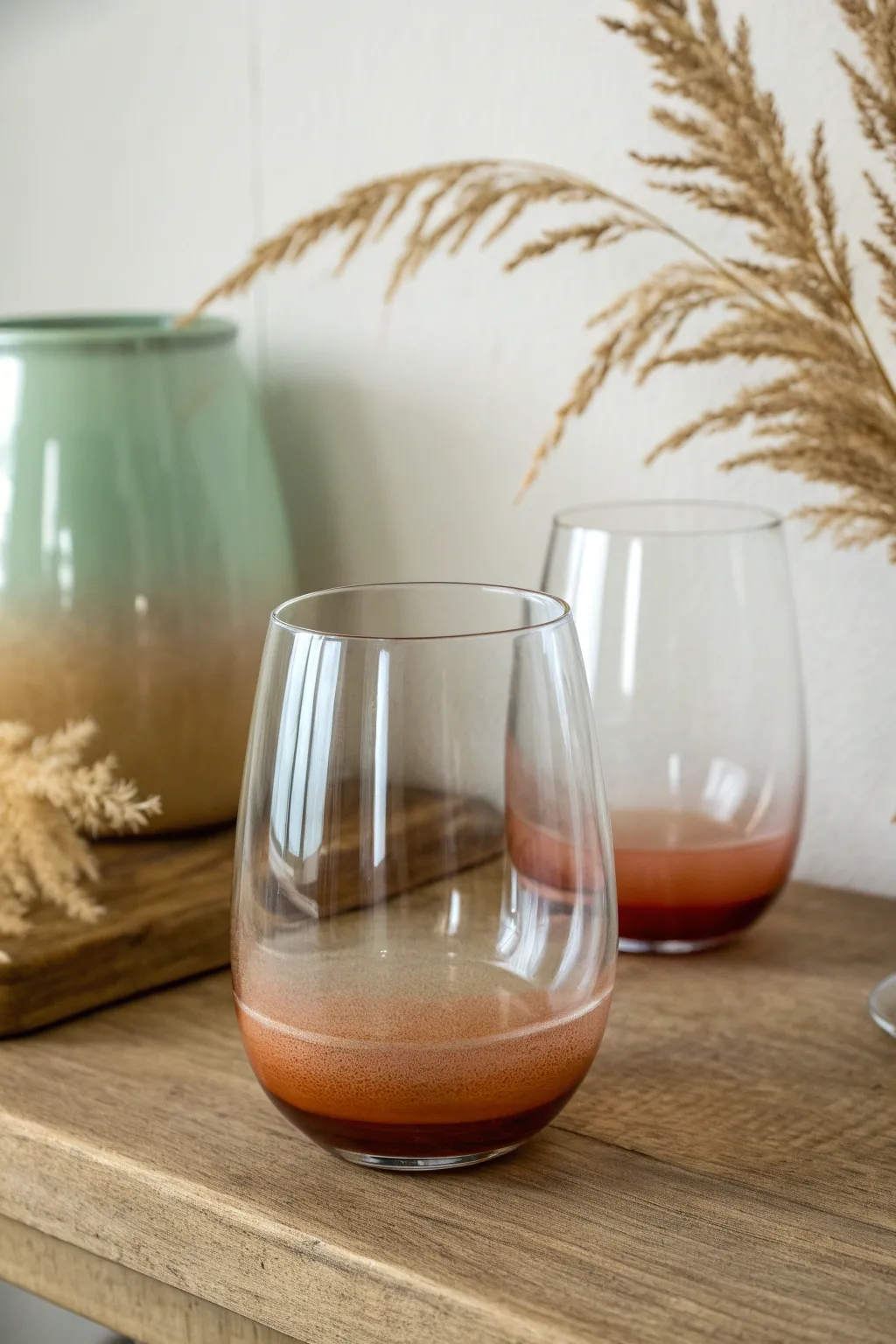 Terracotta-to-clear ombré stemless glass with a soft sage companion for a minimal boho set.