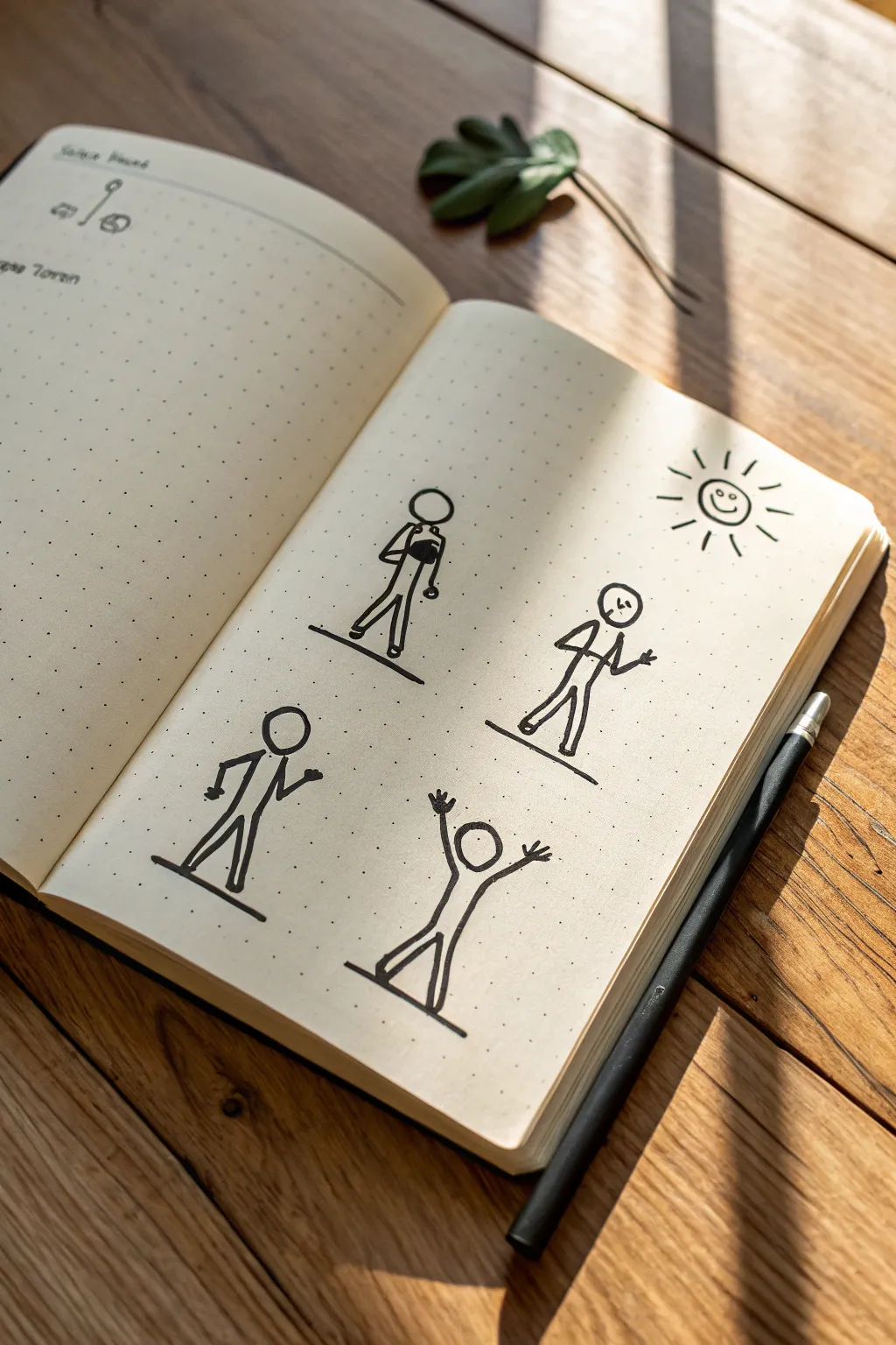 Minimal stickman gesture chart: pointing, waving, hands on hips, and shrugging for quick practice