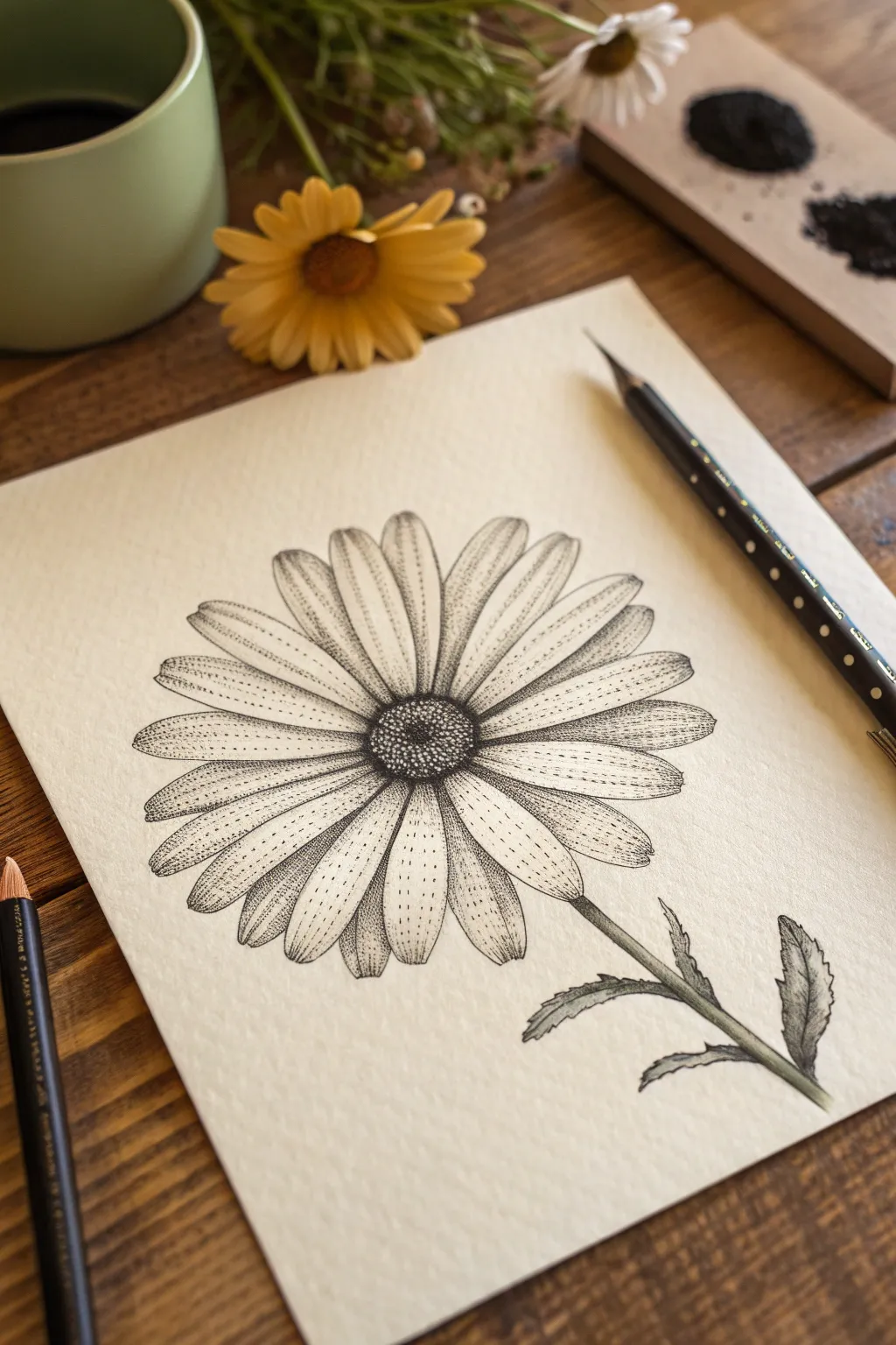 Stippled daisy petals with smooth dot gradients, crisp edges, and calming minimalist contrast.