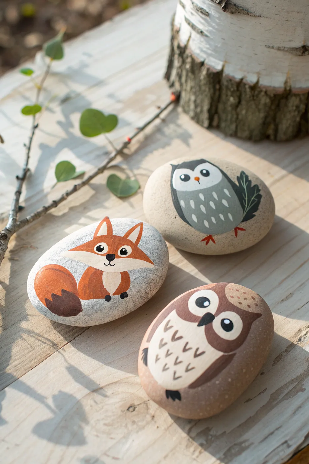 Paint three cute woodland animal stones: fox, bunny, and owl in a cozy minimalist palette