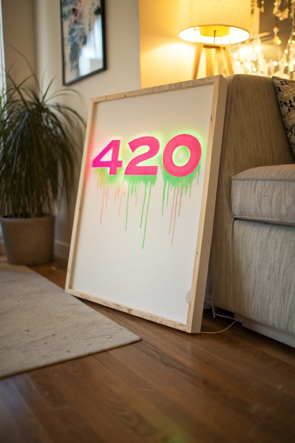 Neon-drip 420 canvas with smoky glow on a minimalist Scandinavian backdrop, bold contrast