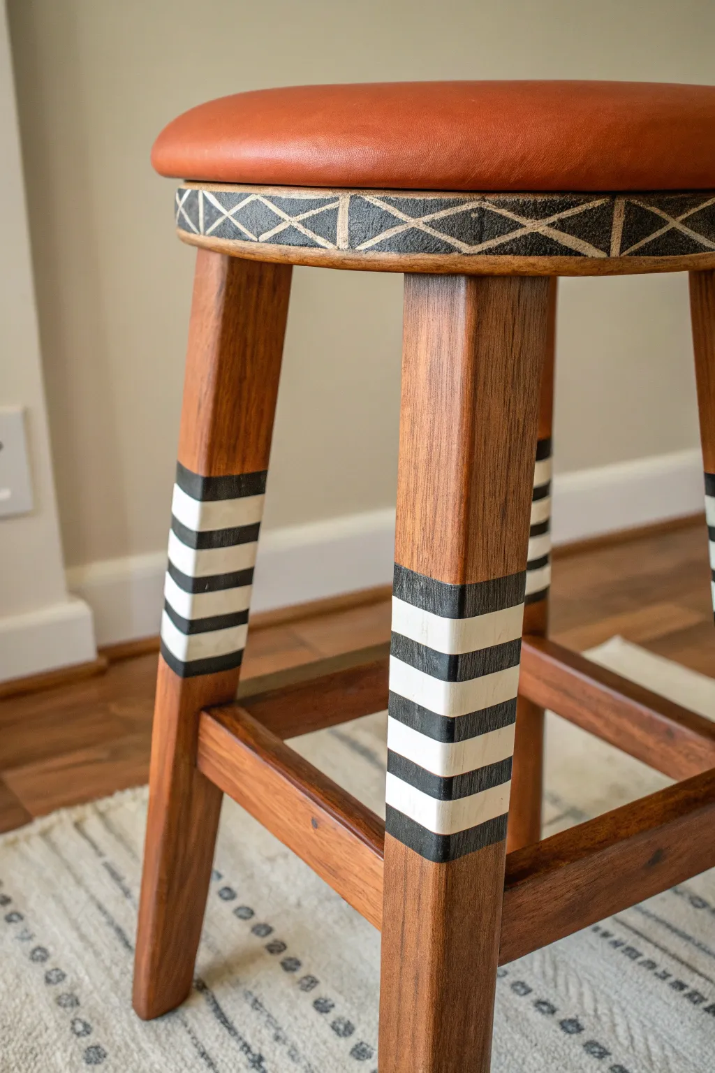 Crisp striped stool legs with a solid painted seat, a clean Scandinavian boho DIY detail.