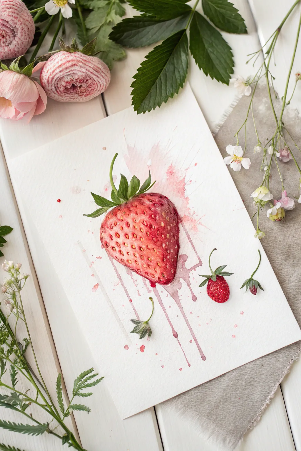 Ink-outlined strawberry with airy watercolor washes and a few intentional drips, simple and sweet.